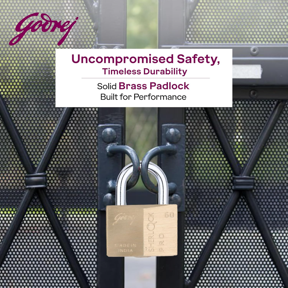 Godrej Locks | Sherlock Pro 60mm Padlock | with 4 Keys | Premium Solid Brass Lock | Self-Locking Shackle | Double Locking | Rust-Resistant | Suitable for Doors, Cabinates | 1 Year Warranty